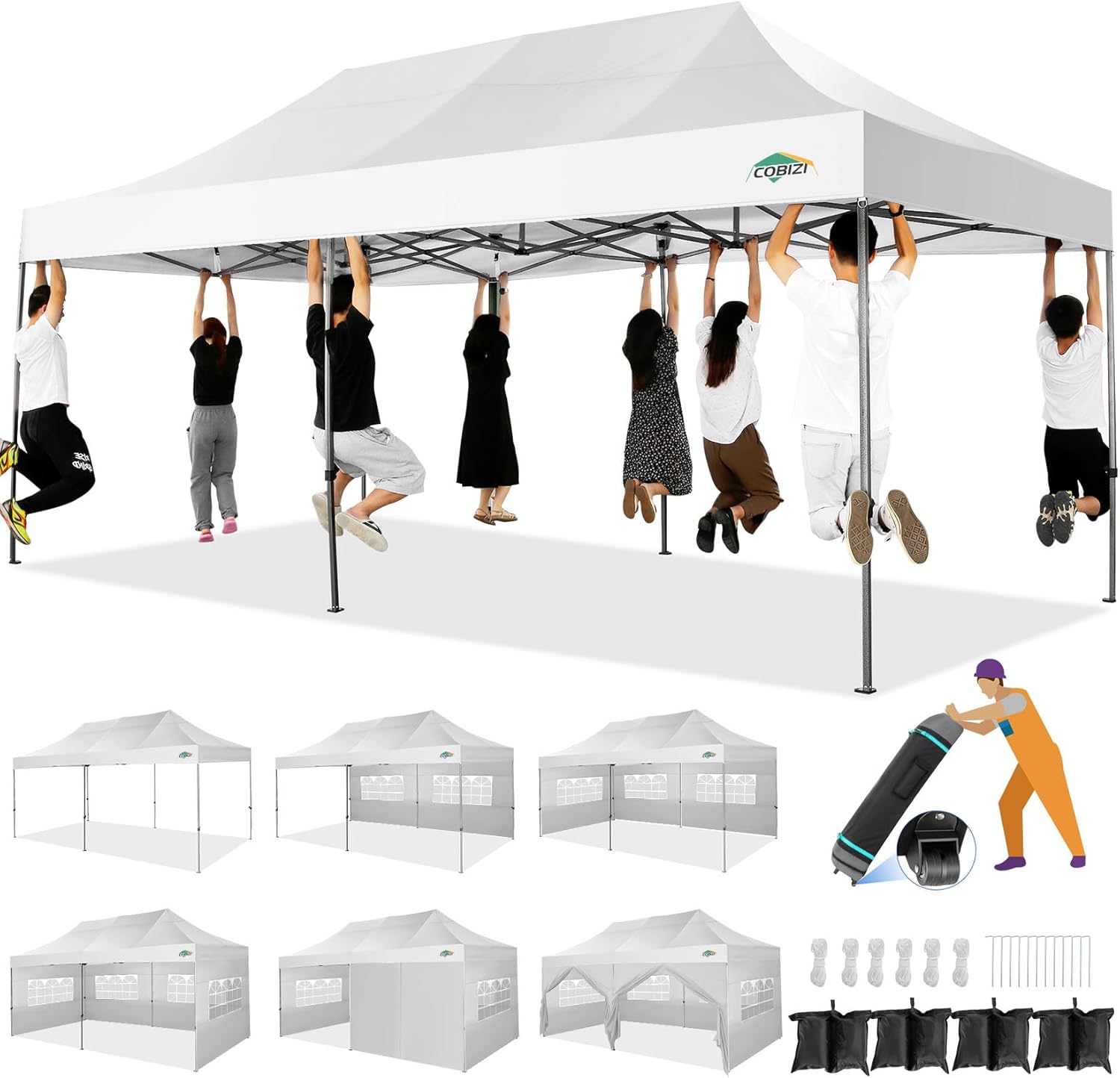 COBIZI 10x20 Heavy Duty Pop up Canopy Tent with 6 sidewalls Easy Up Commercial Outdoor Canopy Wedding Party Tents for Parties All Season Wind & Waterproof Gazebo with Roller Bag,Black(Frame Thickened) wourant