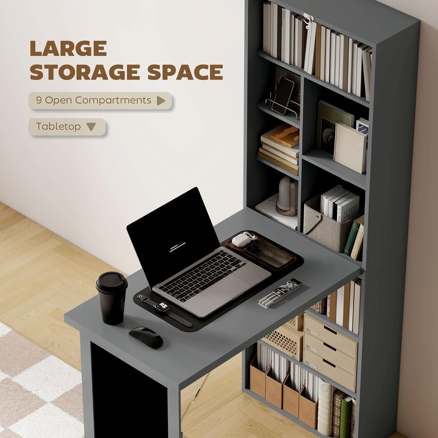 Folding convertible writing desk, wall mounted desk cabinet, multifunctional home office workstation wourant
