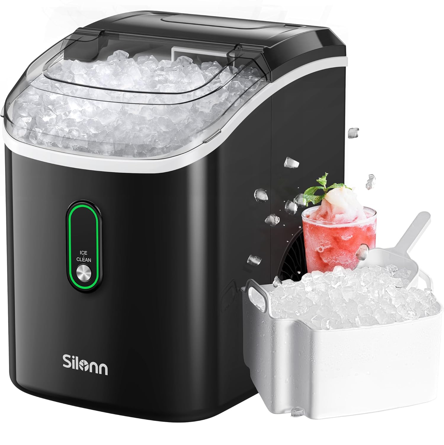 Nugget Ice Maker Countertop, Silonn Chewable Pellet Ice Machine with Self-Cleanin Function, 33lbs/24H Portable Ice Makers for Home Kitchen Officce, Black wourant