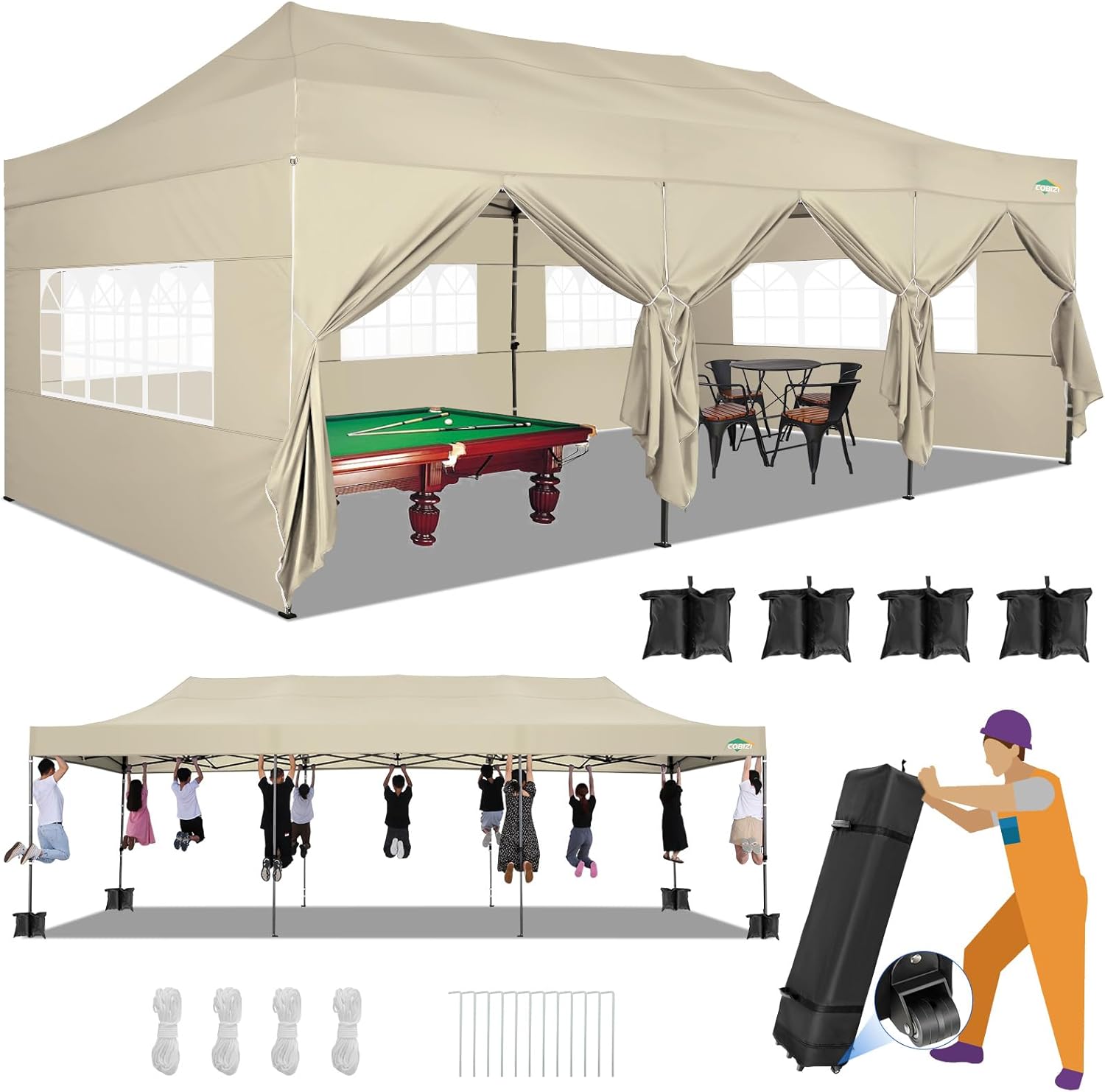 COBIZI 10x20 Heavy Duty Pop up Canopy Tent with 6 sidewalls Easy Up Commercial Outdoor Canopy Wedding Party Tents for Parties All Season Wind & Waterproof Gazebo with Roller Bag,Black(Frame Thickened) wourant