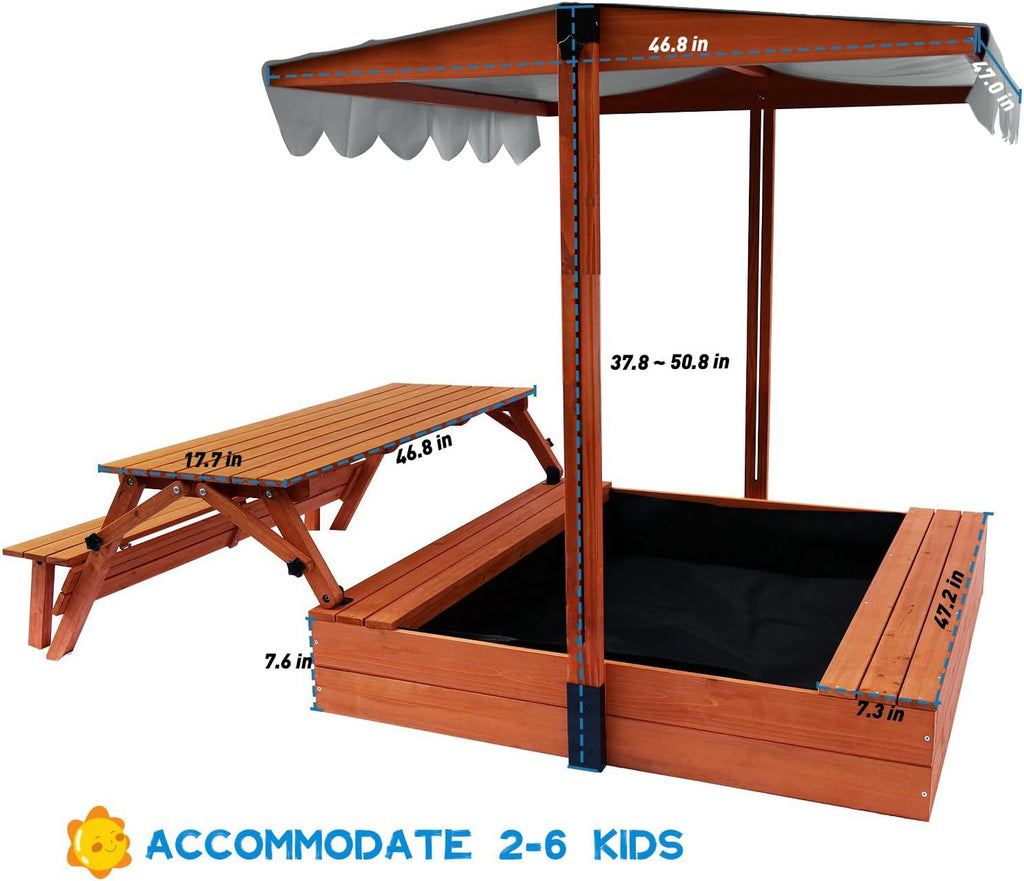 Wooden Kids Sandbox with Lid Outdoor Sand Box with Picnic Table Foldable, Sandpit with Cover Ages 4-8, Adjustable Canopy Bottom Liner for Backyard Garden wourant
