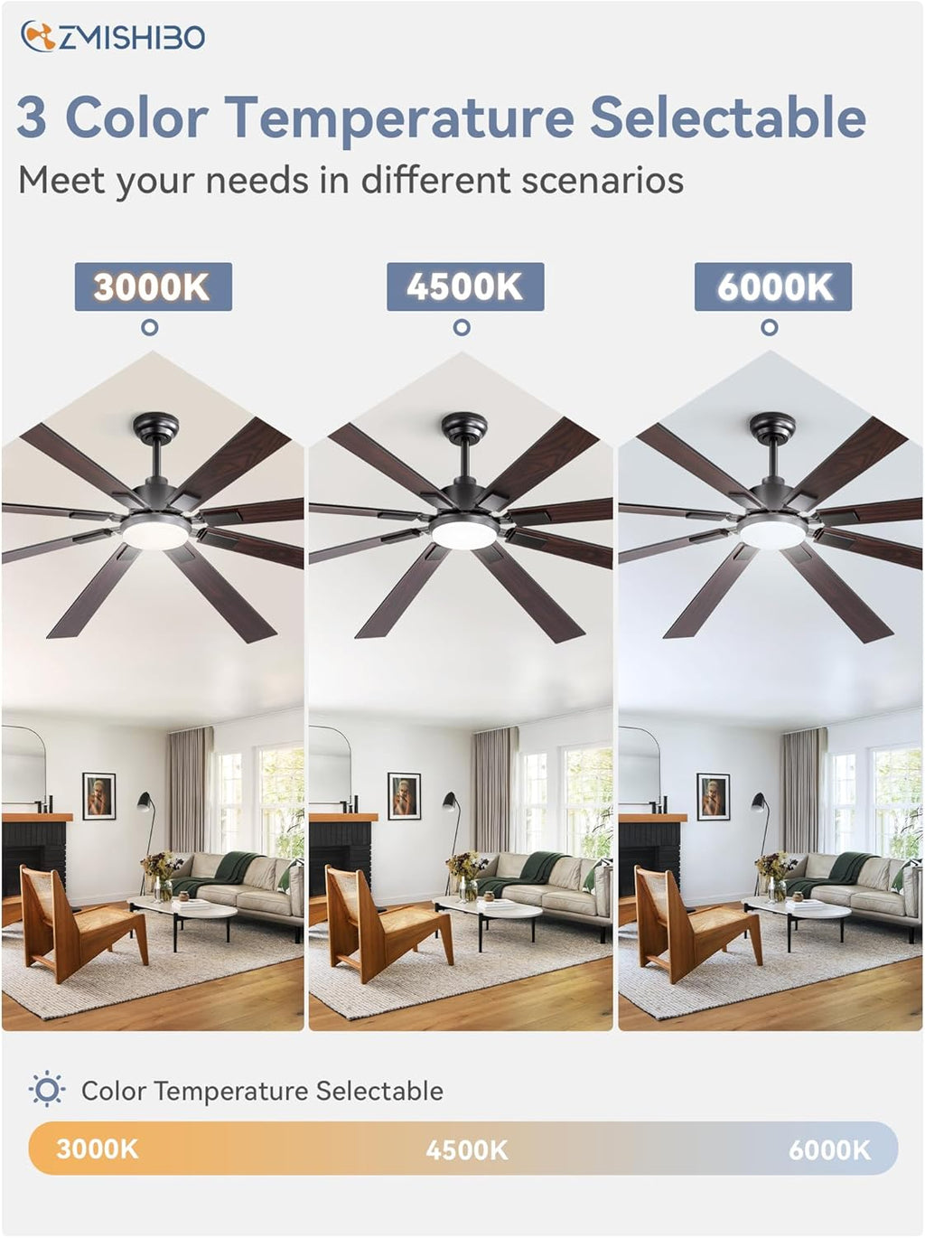 ZMISHIBO 72 inch Large Ceiling Fans with Lights and Remote, Indoor/Outdoor Black Modern Ceiling Fan for Kitchen Living Room Patio, 6 Speed Reversible Quiet DC Motor, 3 CCT, Dual Finish 8 Blades wourant
