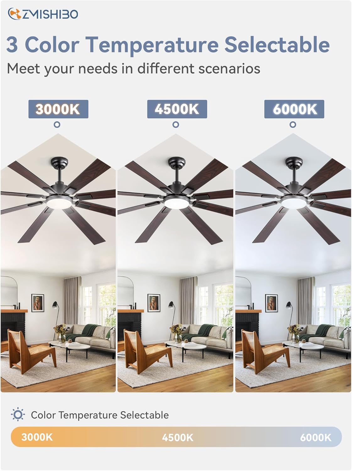 ZMISHIBO 72 inch Large Ceiling Fans with Lights and Remote, Indoor/Outdoor Black Modern Ceiling Fan for Kitchen Living Room Patio, 6 Speed Reversible Quiet DC Motor, 3 CCT, Dual Finish 8 Blades wourant