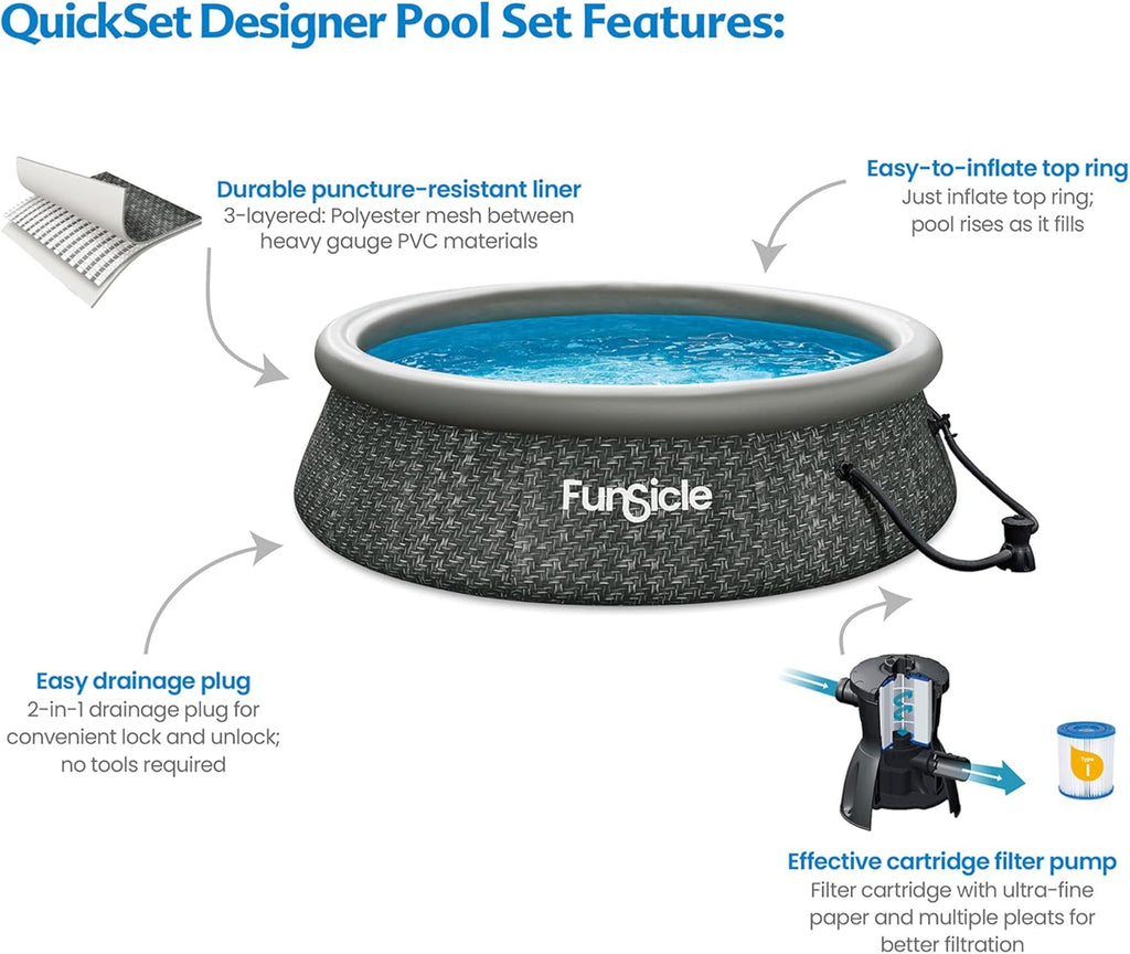 Funsicle 12 Foot by 36 Inch Quickset Round Inflatable Ring Top Outdoor Above Ground Swimming Pool Set with Pump and Cartridge Filter, Dark Herringbone wourant