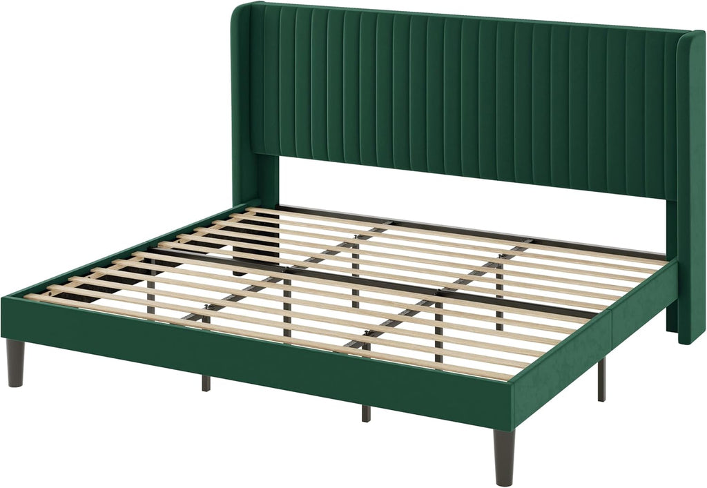 Allewie Full Size Velvet Bed Frame Vertical Channel Tufted Wingback Headboard Upholstered Bed wourant
