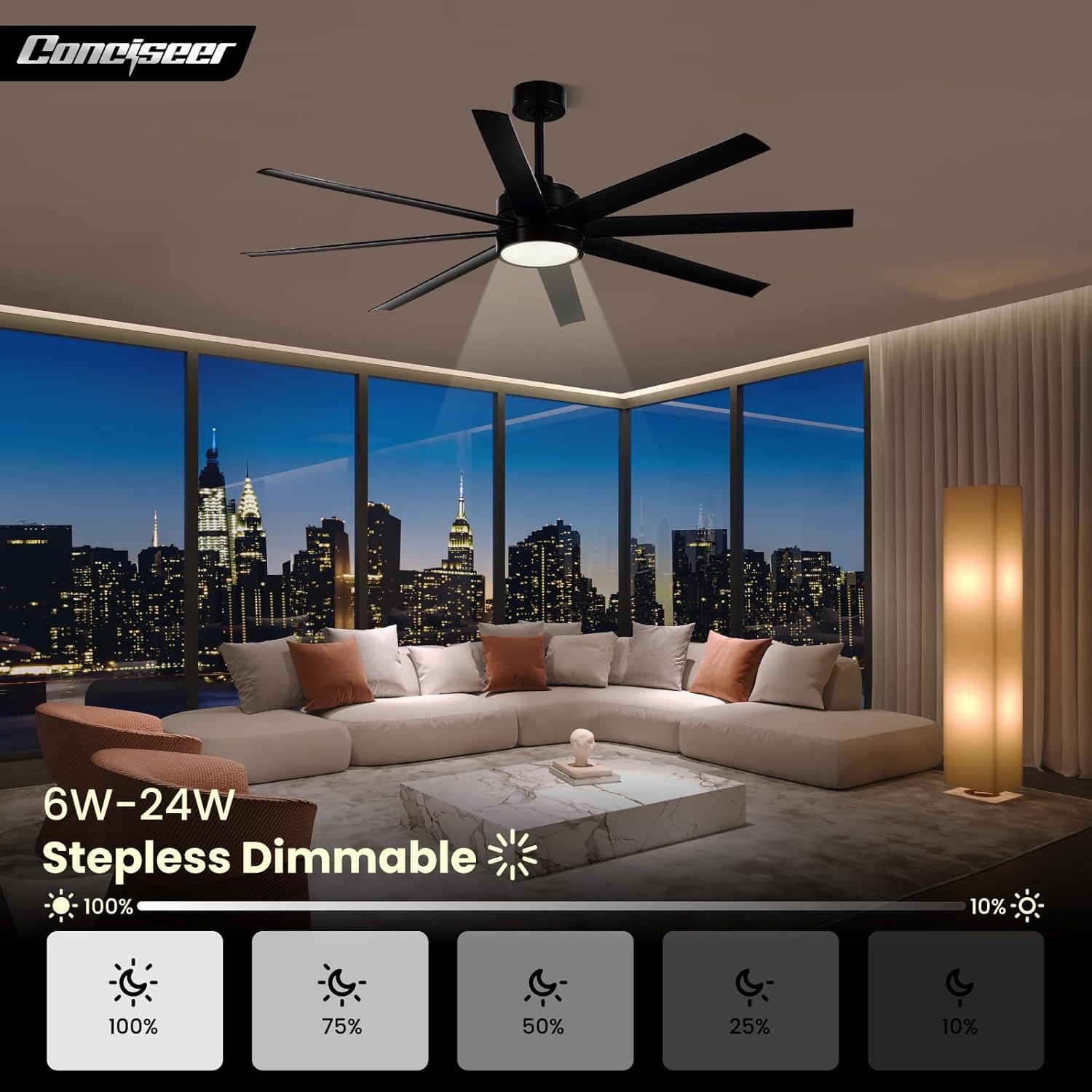 Modern Ceiling Fans with Lights, 72 Inch Ceiling Fan with Light and Remote, Bedroom Living Room Library Cafe Outdoor/Industrial,24W 3CCT Dimmable, 8 Blades 6 Speed Reversible Quiet DC Motor, Black wourant
