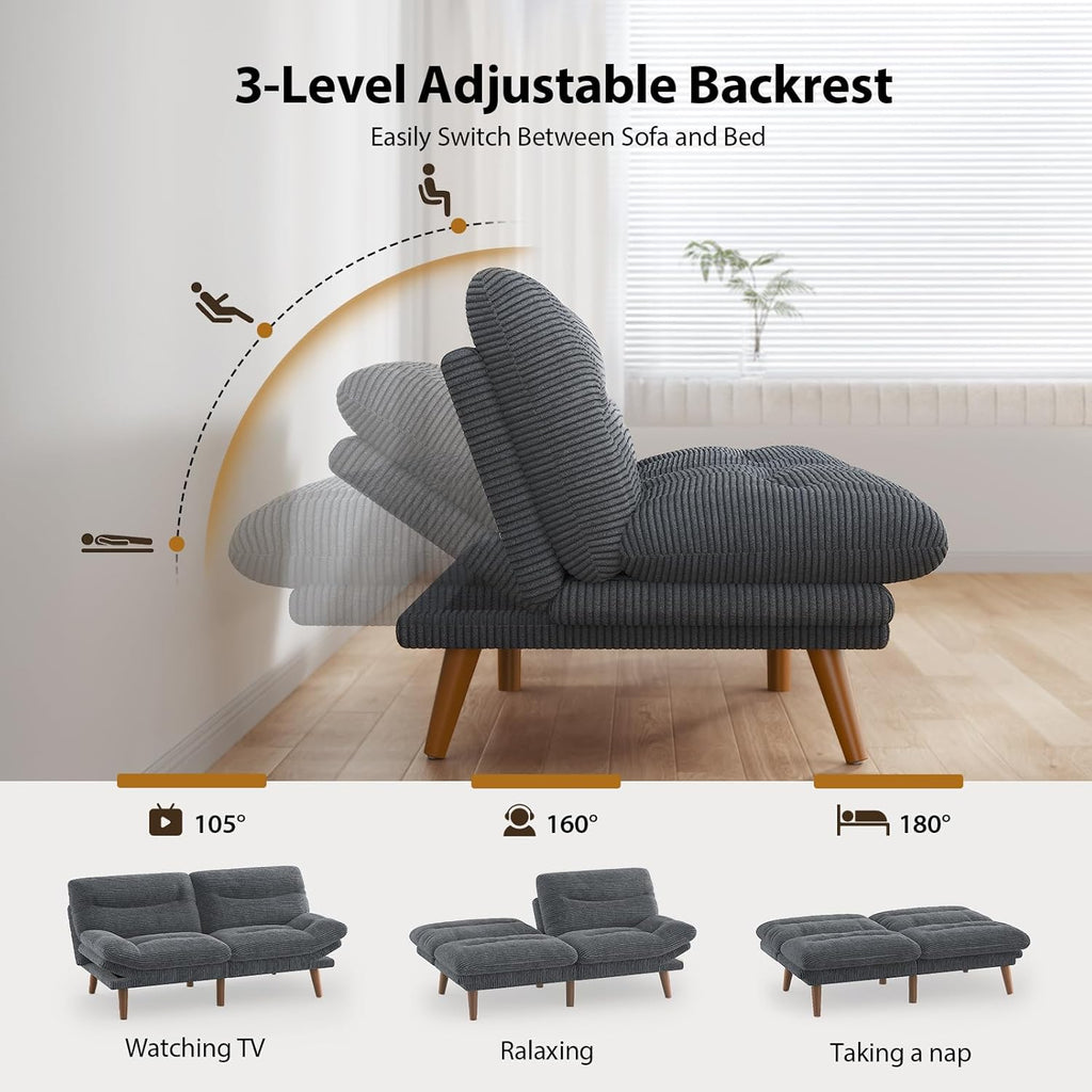 Pipishell Convertible Futon Sofa Bed,66" Corduroy Futon Couch with Adjustable Backrest and Armrests, Recliner Sleeper Sofa for Small Spaces, Play Room or Office, Grey wourant