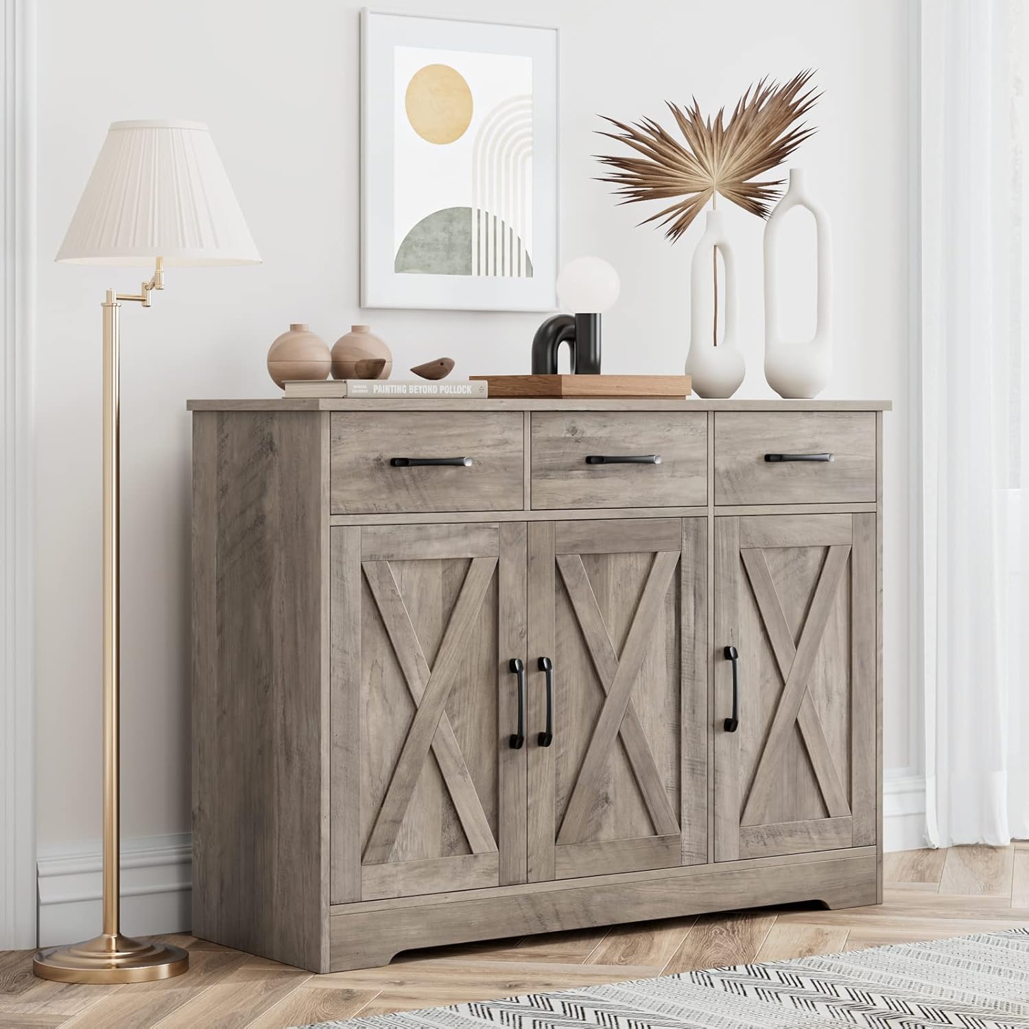 Modern farmhouse sideboard, barn door buffet storage cabinet with drawers and shelves, wooden coffee bar with storage wourant