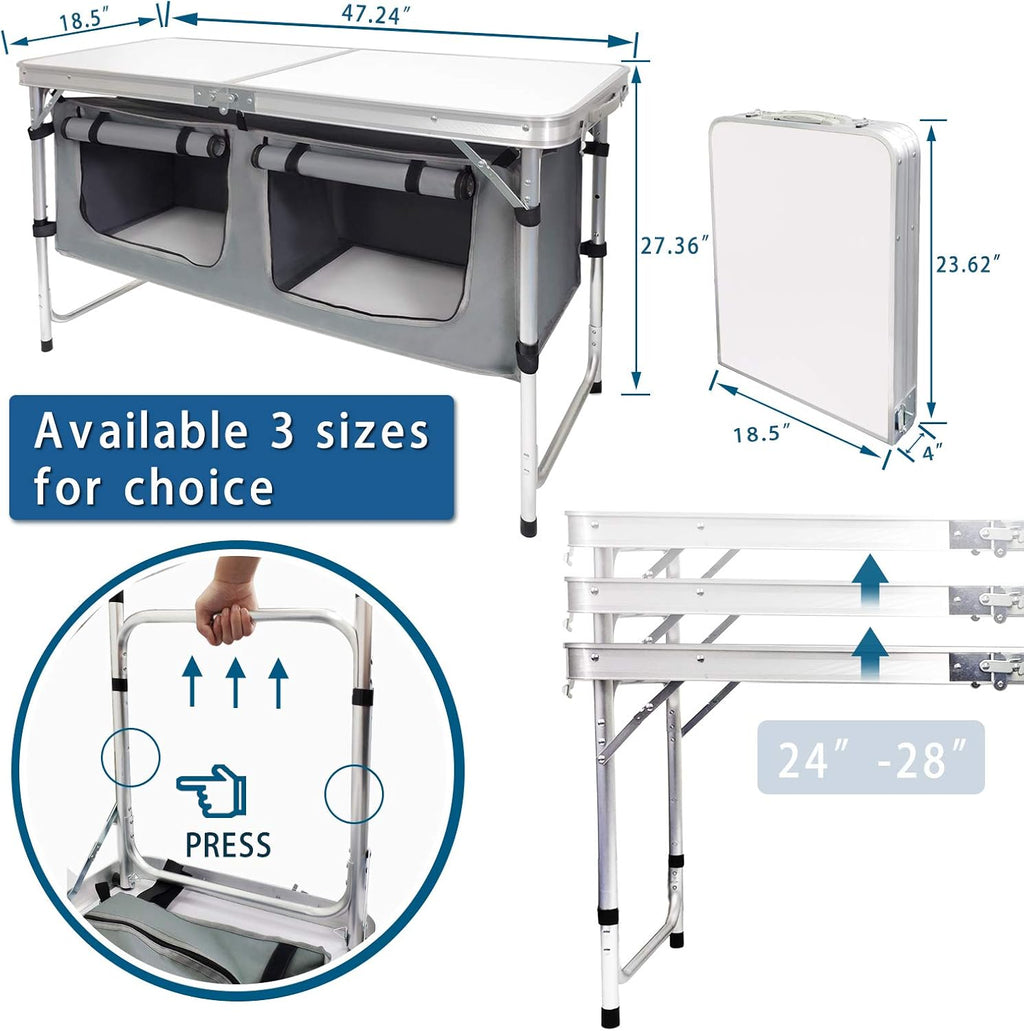 Outdoor Folding Table Aluminum Lightweight Height Adjustable with Storage Organizer for BBQ, Party, Camping wourant