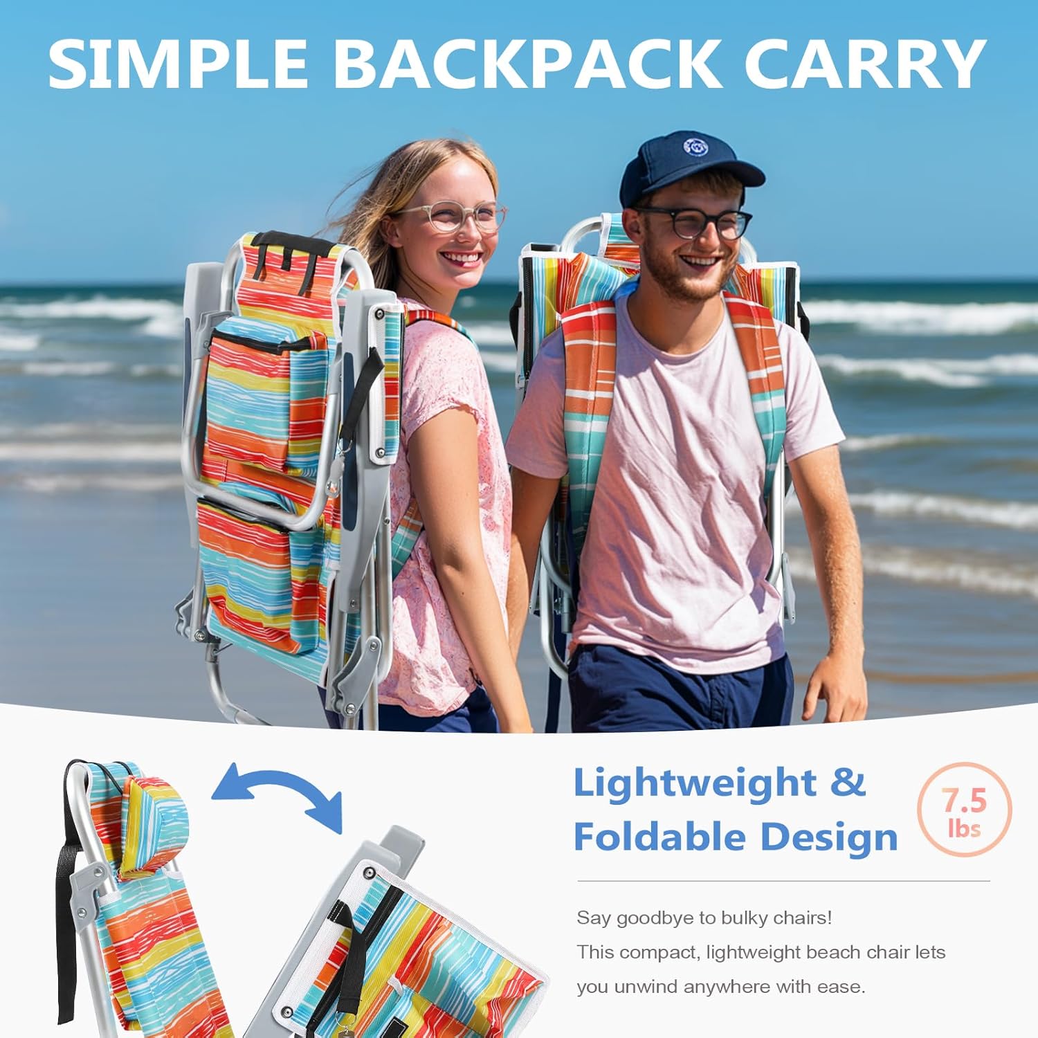 5-Position Aluminum Lay Flat Tall Backpack Beach Chairs 2 Pack Compact Portable Beach Chairs for Adults with Cooler Pouch, Storage Pouch, Towel Bar, Cup Holder & Phone Holder, Blue Stripe wourant