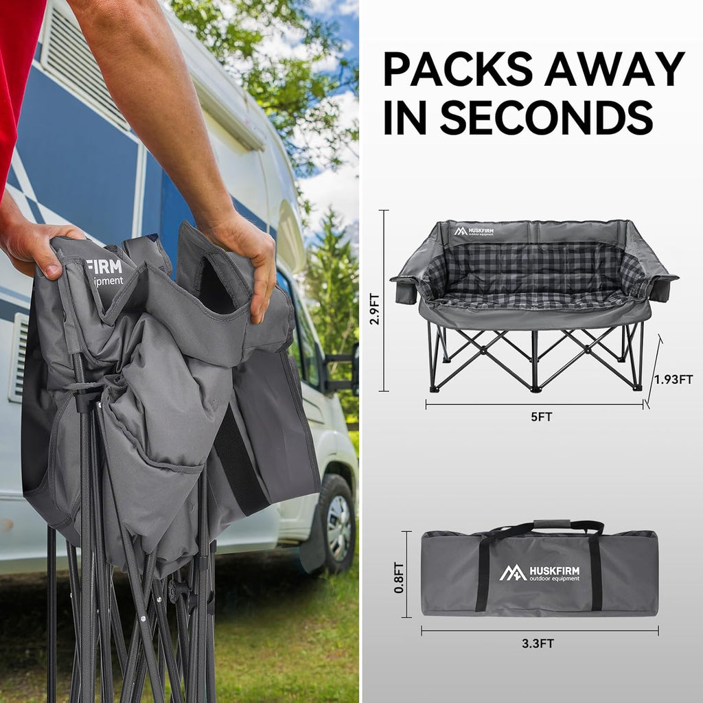 Camping Chair Upholstered Loveseat - Heavy Duty Extra Large Camping Sofa Portable Folding Sofa with Cup Holder and Carry Bag wourant
