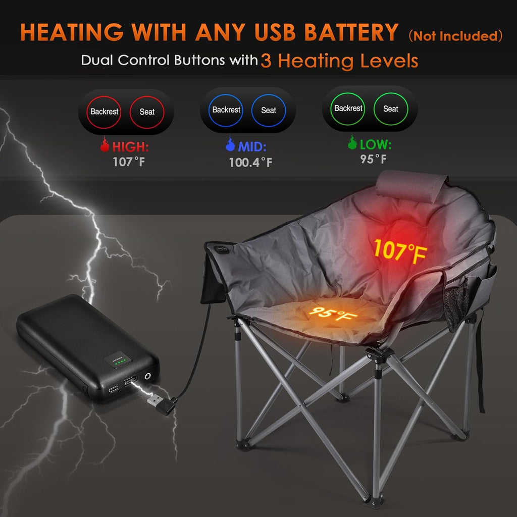 Heated Camping Chair, Extra Large Heated Chair Outdoor Sports Chair with 3 Heat Levels on Back and Seat, Portable Folding Heated Outdoor Chair (Batteries Not Included) wourant