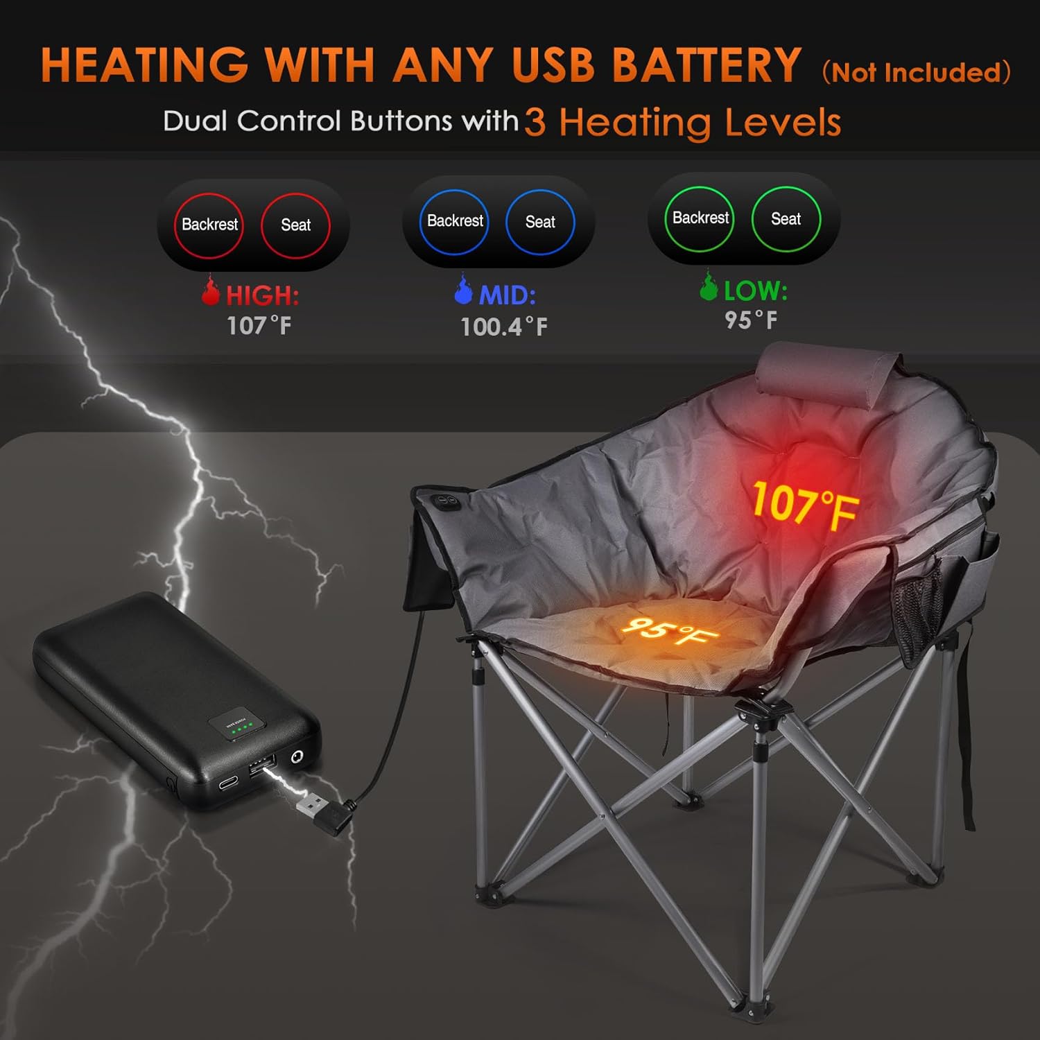 Heated Camping Chair, Extra Large Heated Chair Outdoor Sports Chair with 3 Heat Levels on Back and Seat, Portable Folding Heated Outdoor Chair (Batteries Not Included) wourant