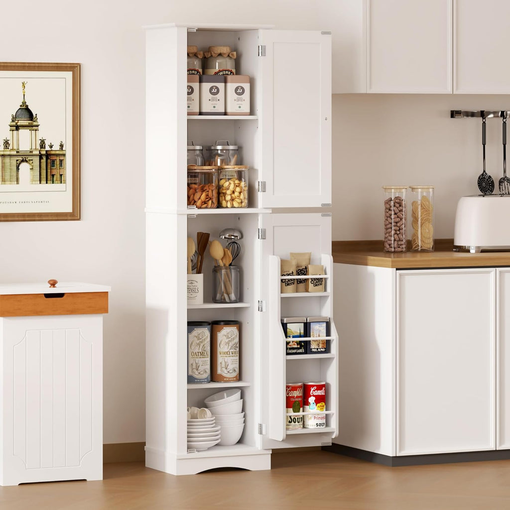Tall Pantry Cabinet, Freestanding Storage Cabinet, Wooden Kitchen Pantry with 4 Doors and 5 Shelves, 72" Floor Cabinet Organizer wourant