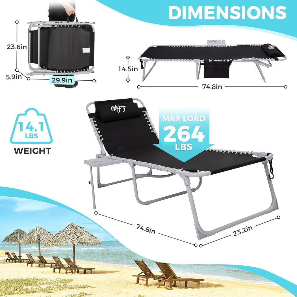2 Pack Outdoor Chaise Lounge Chair - Portable Folding Patio Pool Lounge Chair, 5 Positions Adjustable Reclining Camping Chair with Side Table,Shoulder Strap, Pillow for Beach Sunbathing Lawn wourant