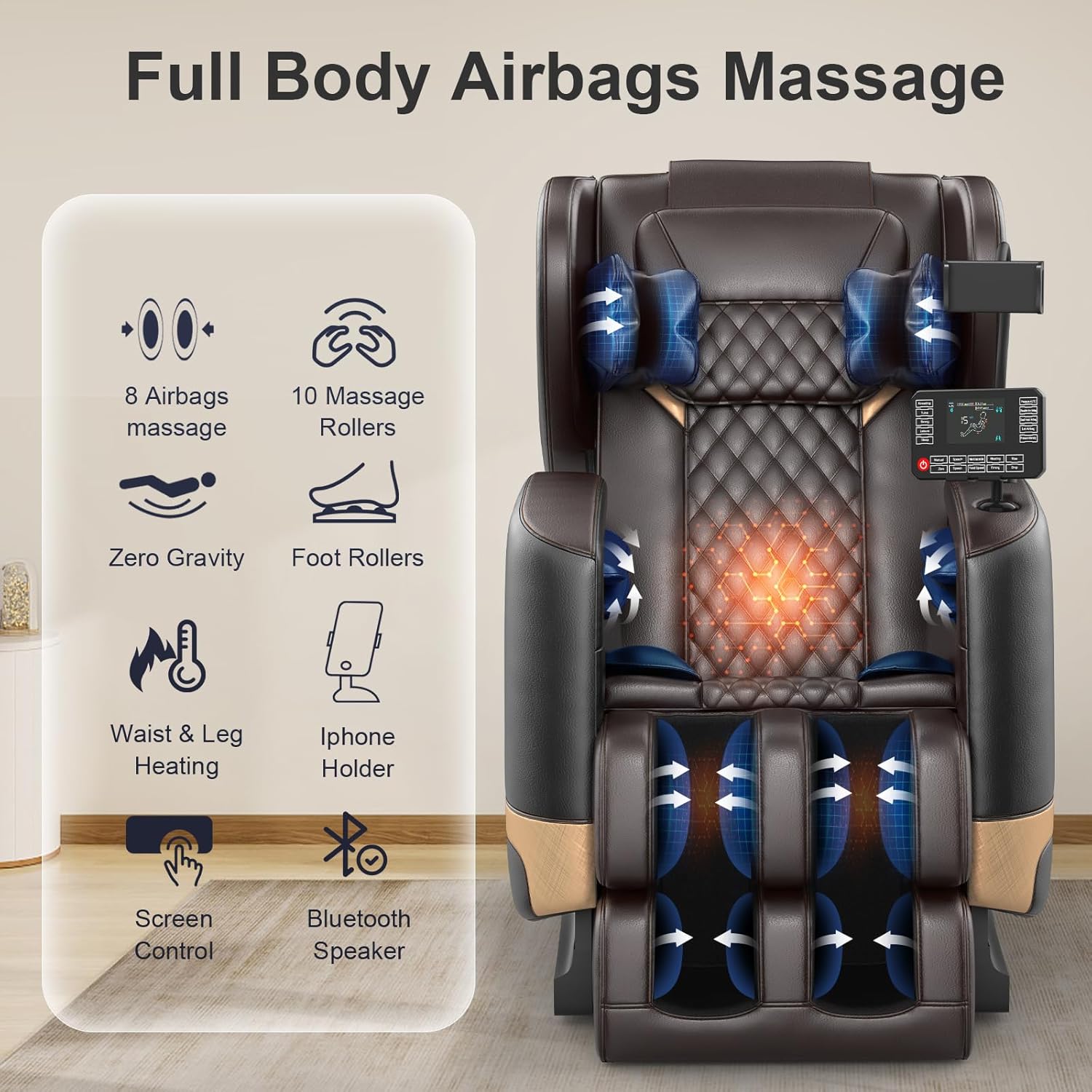 2025 Massage Chair Full Body, Zero Gravity Massage Chair with 10 Fix Rollers, Heating, Foot Massage, Auto Modes, Bluetooth Speaker, Touch Screen Controller (Black & Brown) wourant