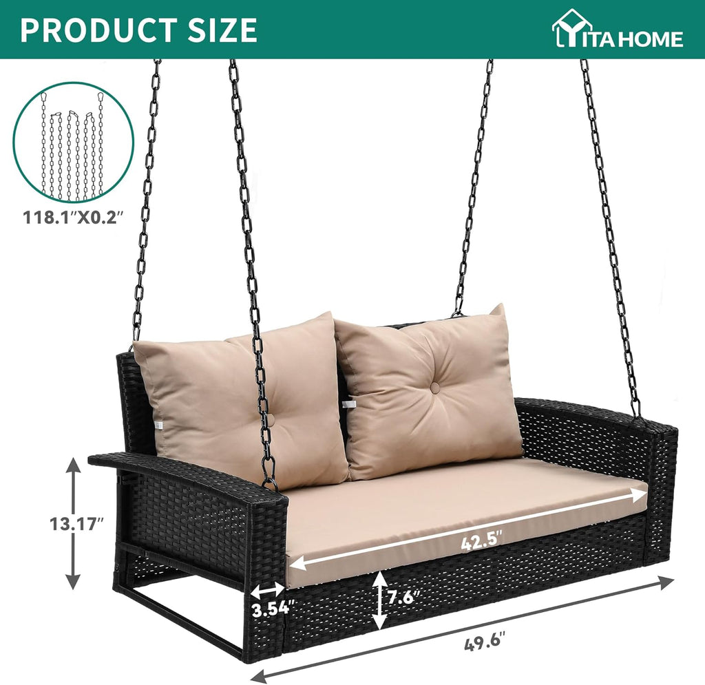 YITAHOME Hanging Porch Swing Chair Sits 3 People, Wicker Outdoor Swing Bench, Patio Lounge Chair, 1 Seating Cushion and 3 Back Cushions, w/Removable Covers, for Garden, Balcony, Backyard, Brown wourant