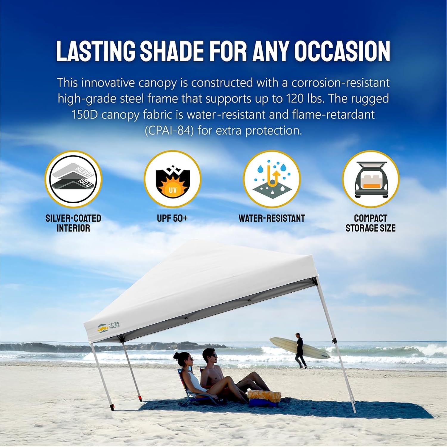 10x10 Pop-Up Awning - One-Click Installation Beach Tent - Outdoor Sunshade Silver Coated Top, 3 Heights and 4 Sand Pockets wourant