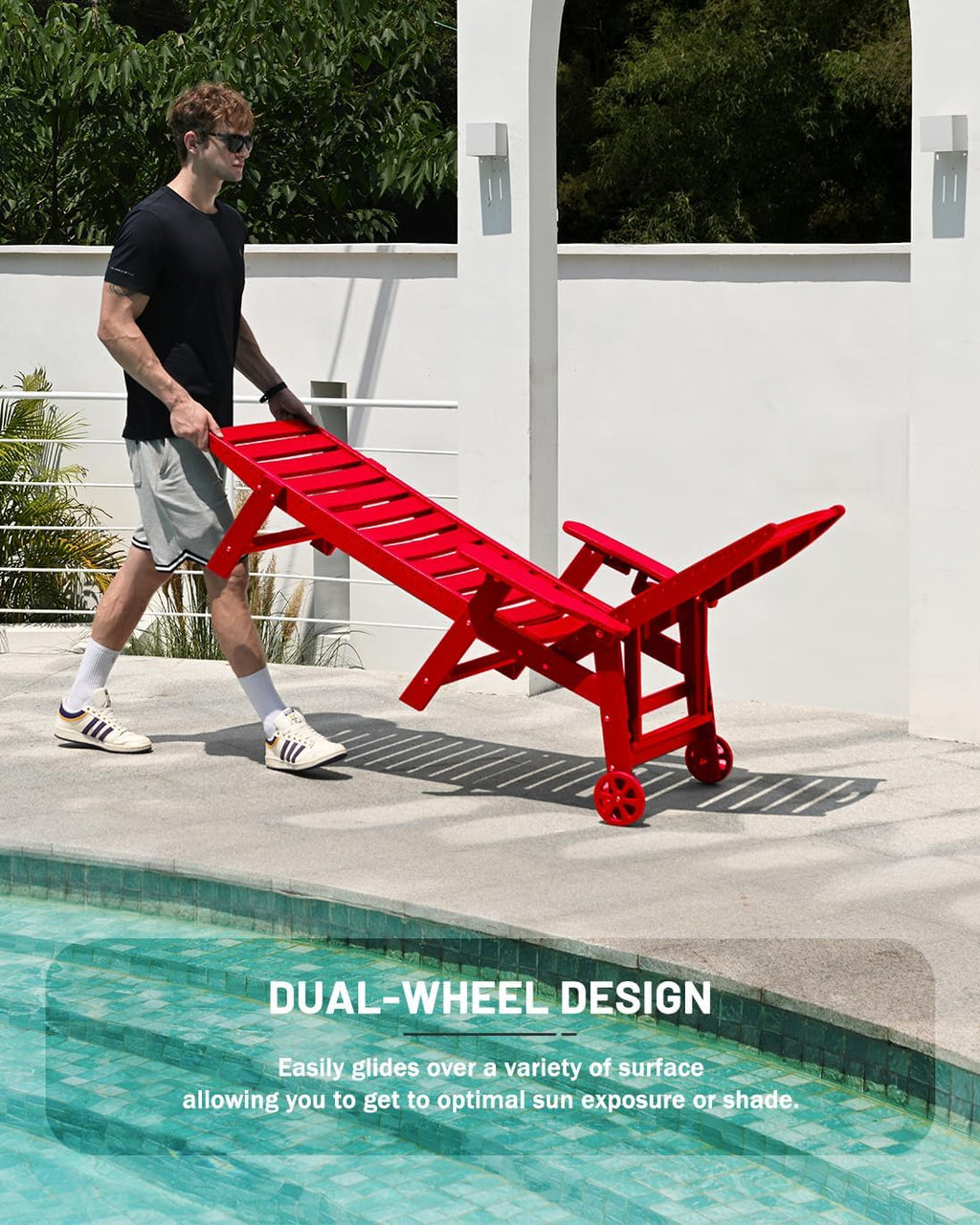 Lounge Chair Outdoor, Chaise Lounge, HDPE 6-Position Outdoor Chaise Lounge, Patio Lounge Chair with Wheels & Cup Holder for Pool Poolside Deck Backyard, Teak wourant