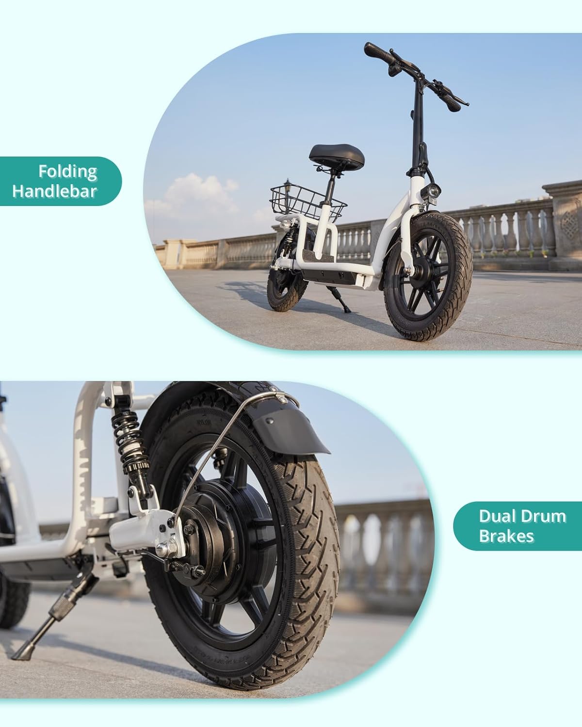 Gotrax adult electric scooter with seat, maximum range of 19-25 miles, all-terrain tires, wide pedals, padded seat, and carrycot wourant