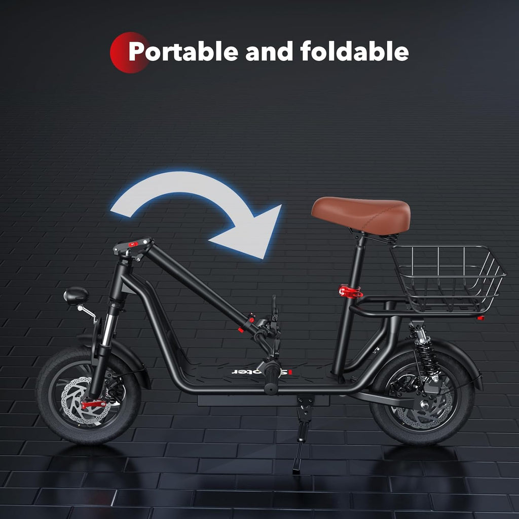 iScooter electric scooter with seat, 37/21 mile range, 28/19/15.6 mph top speed, dual suspension scooter with basket wourant