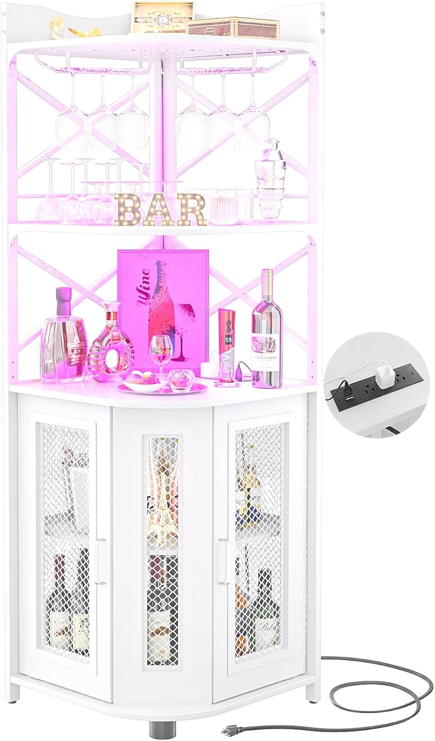 Corner bar cabinet with power socket, industrial style wine cabinet with LED light strip and glass rack, home five-layer wine cabinet bar unit, small space corner display cabinet wourant