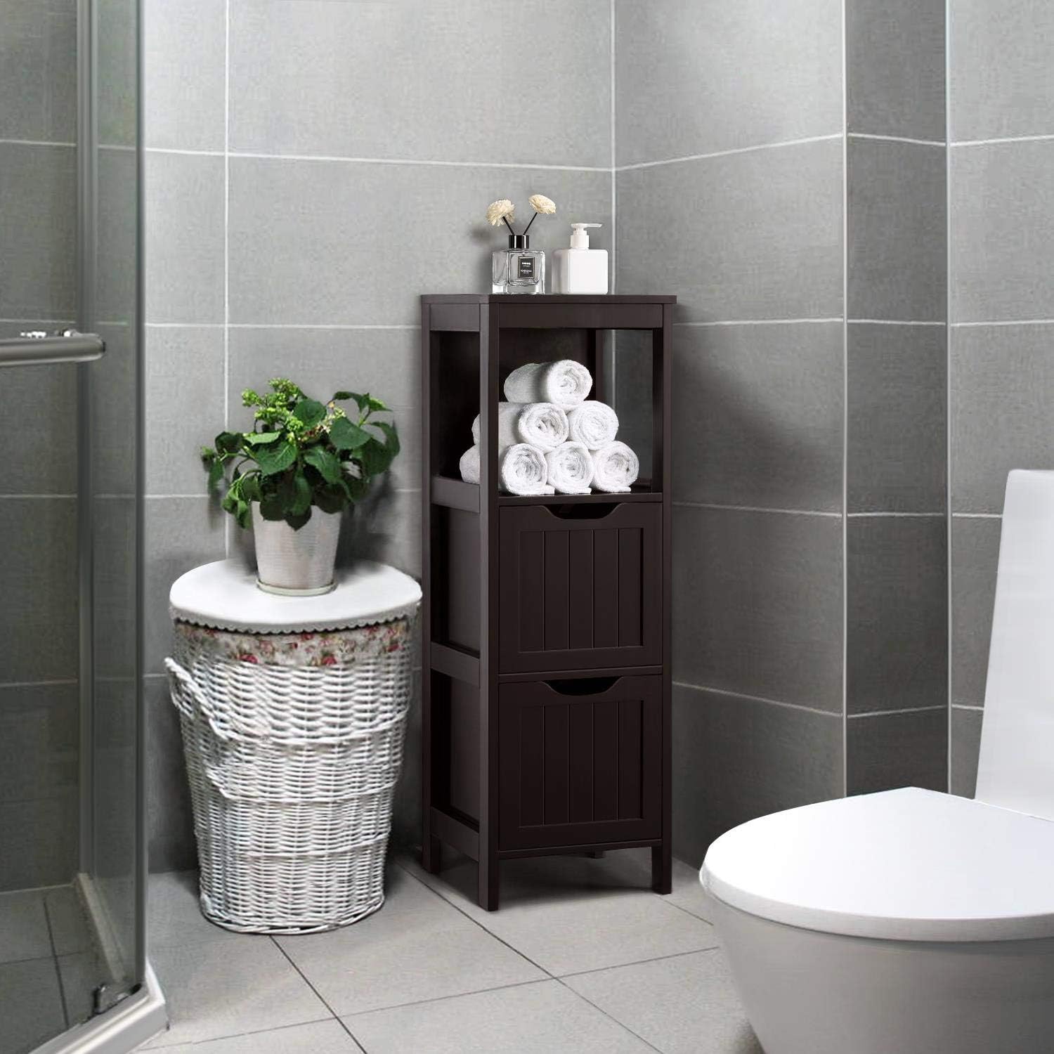 Bathroom Floor Cabinet, Wooden Storage Cabinet with 2 Drawers, Multifunctional Side Organizer Rack Stand Table wourant