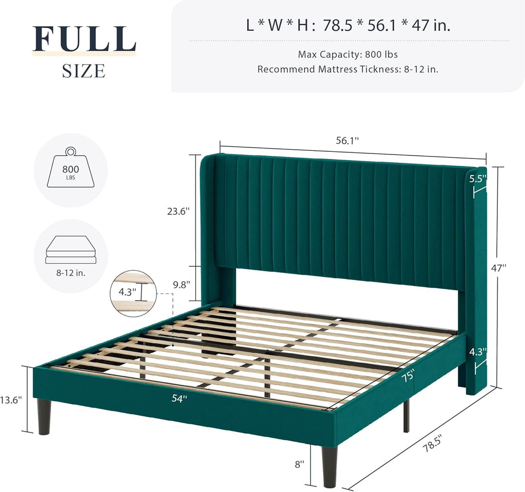 Allewie Full Size Velvet Bed Frame Vertical Channel Tufted Wingback Headboard Upholstered Bed wourant