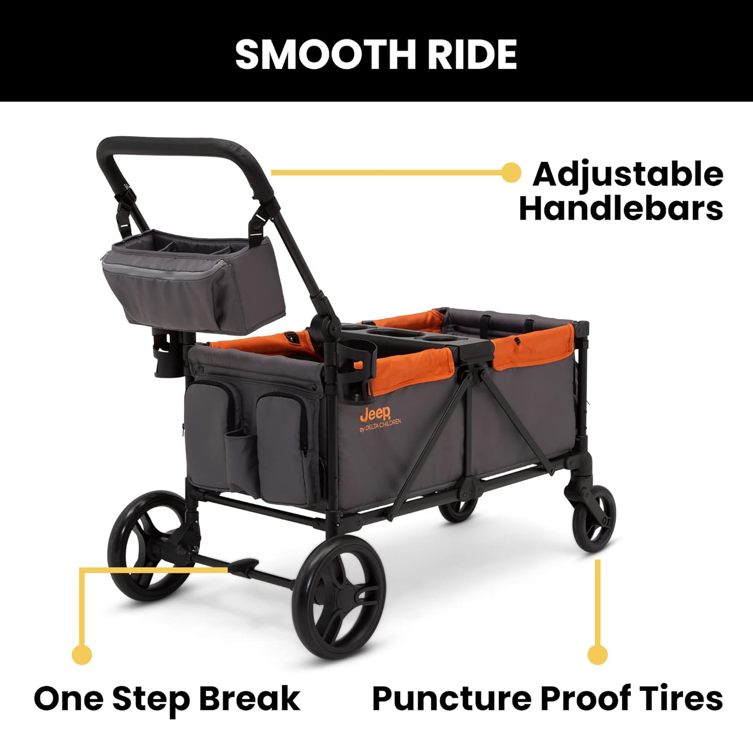 Jeep Sport All-Terrain Stroller Wagon by Delta Children - Includes Canopy, Parent Organizer, Adjustable Handlebar, Snack Tray & Cup Holders, Grey/Olive Green wourant