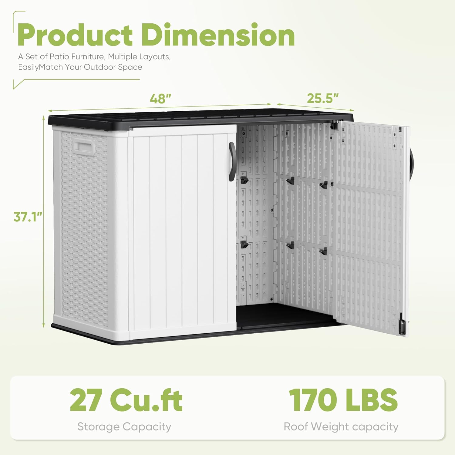 Devoko Outdoor Storage Cabinet 26 Cu Ft with Lockable Doors, Horizontal Storage Shed Waterproof Patio Tools Storage Box wourant