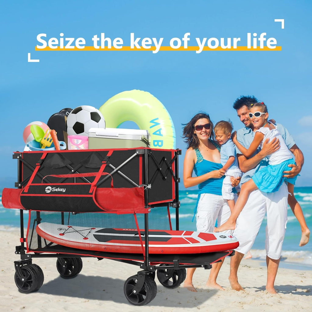 400L Large Capacity Folding Double Decker Wagon with Brakes, 50" Extra Long Extender Cart, 500lbs Heavy Duty Collapsible Wagons wourant