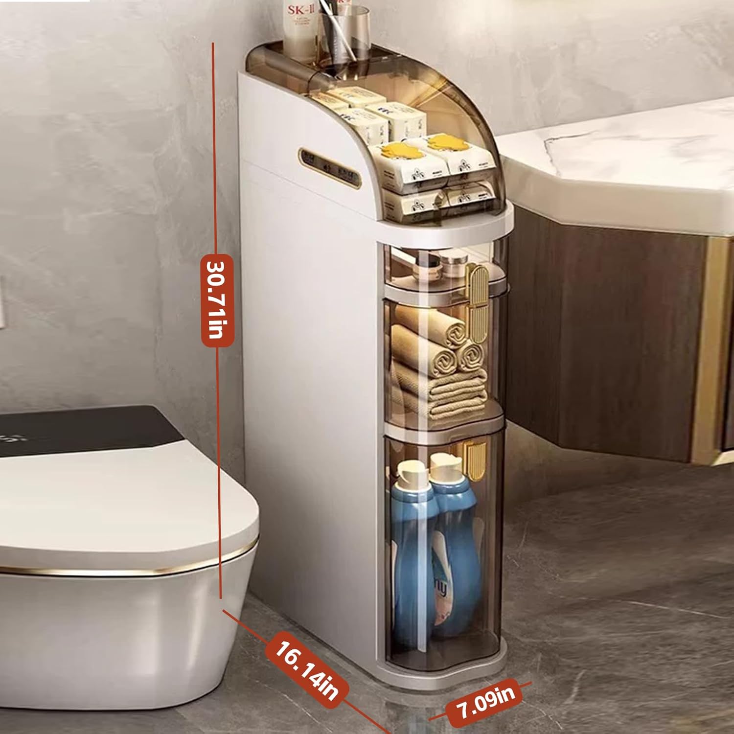 4-Tiers Narrow Bathroom Storage Cabinet 7.1 Slim Bathroom Floor Organizer with Drawers wourant