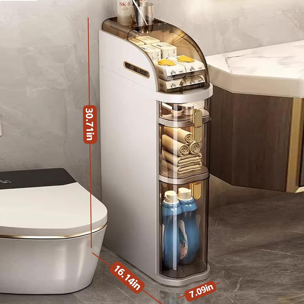 4-Tiers Narrow Bathroom Storage Cabinet 7.1 Slim Bathroom Floor Organizer with Drawers and Tissue Box Plastic Waterproof Mobile Locker wourant
