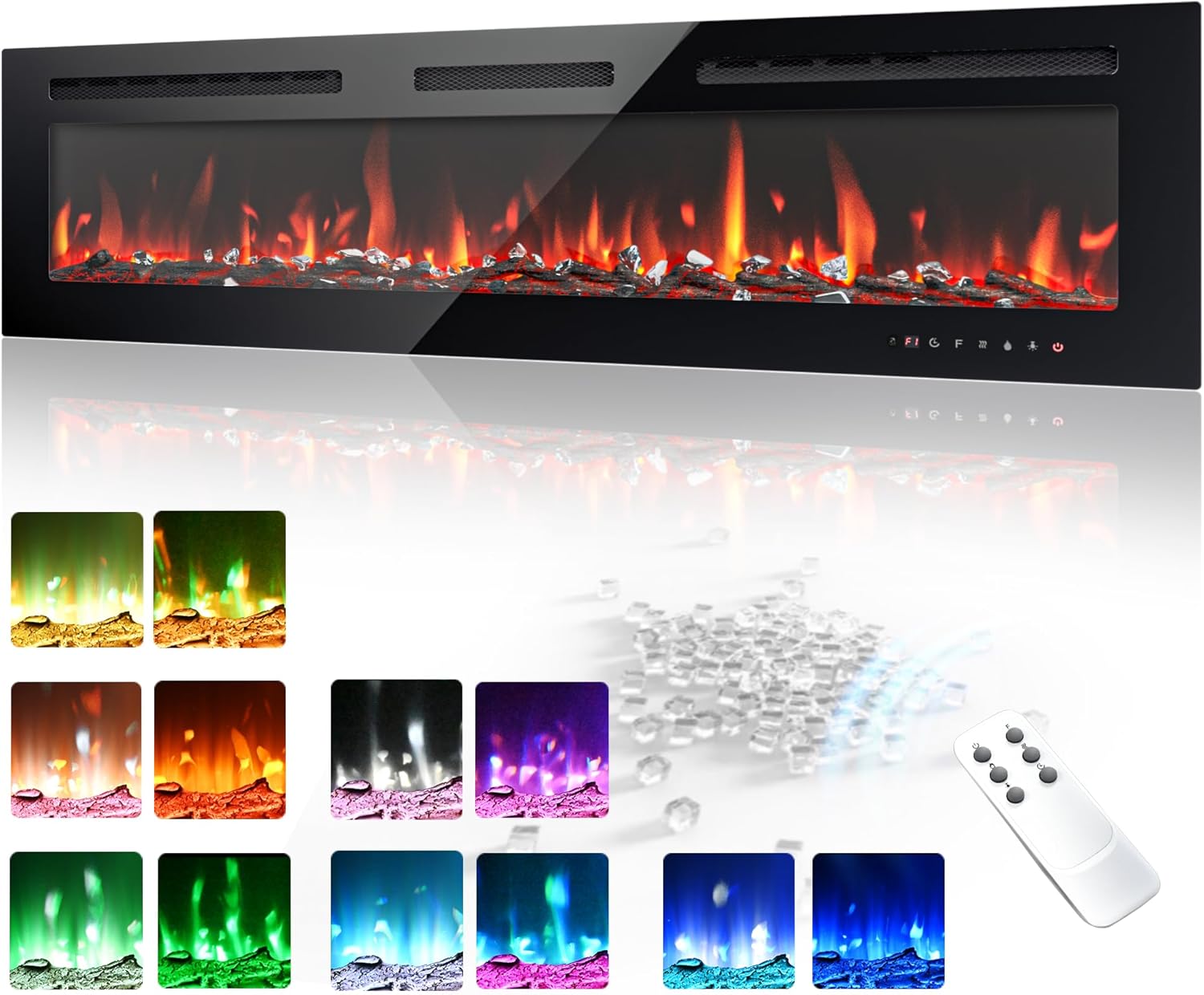 EUHOMY 50 Inch Electric Fireplace Wall Recessed and Wall Mounted with Adjustable Flame Color, Fireplace Heater with Remote Control, Linear Fireplace with Timer, Touch Screen, Log & Crystal, 750/1500W wourant