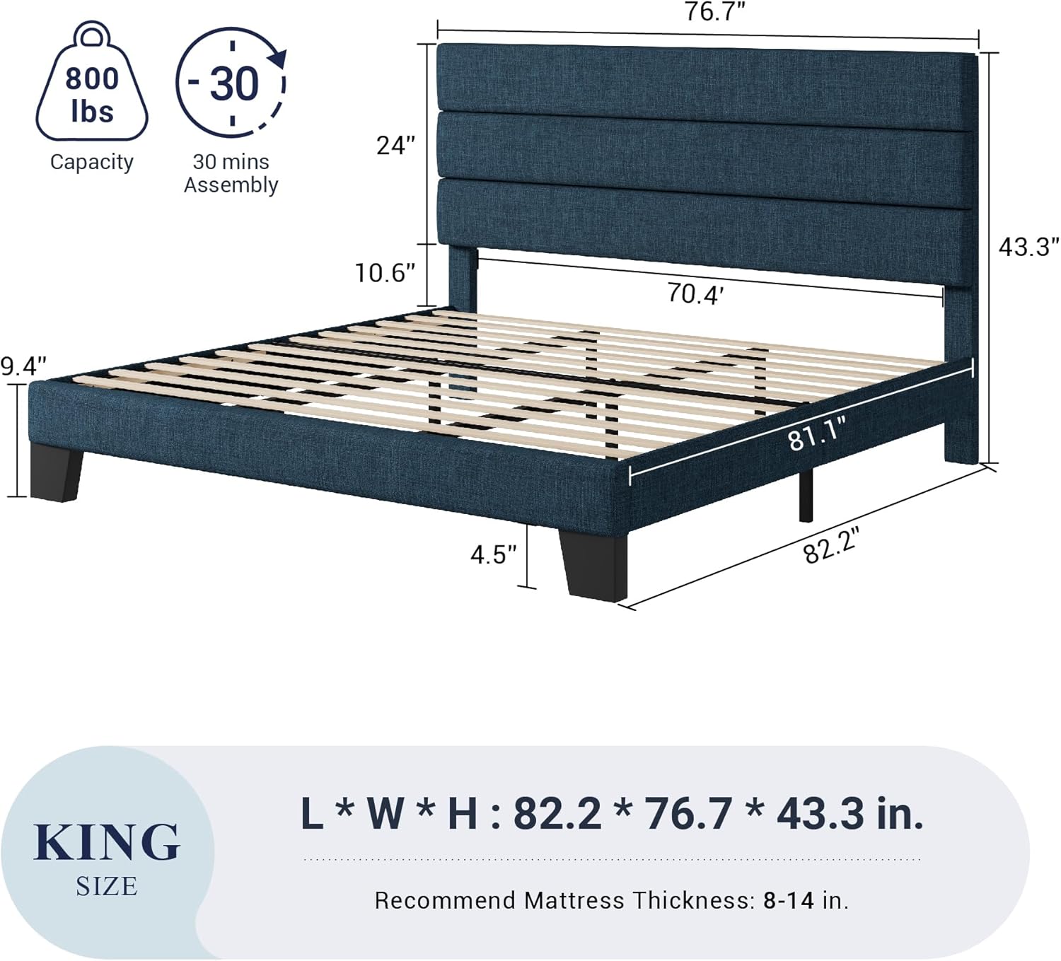 Allewie Queen Size Platform Bed Frame Fabric Upholstered Headboard Wooden Slats Support wourant