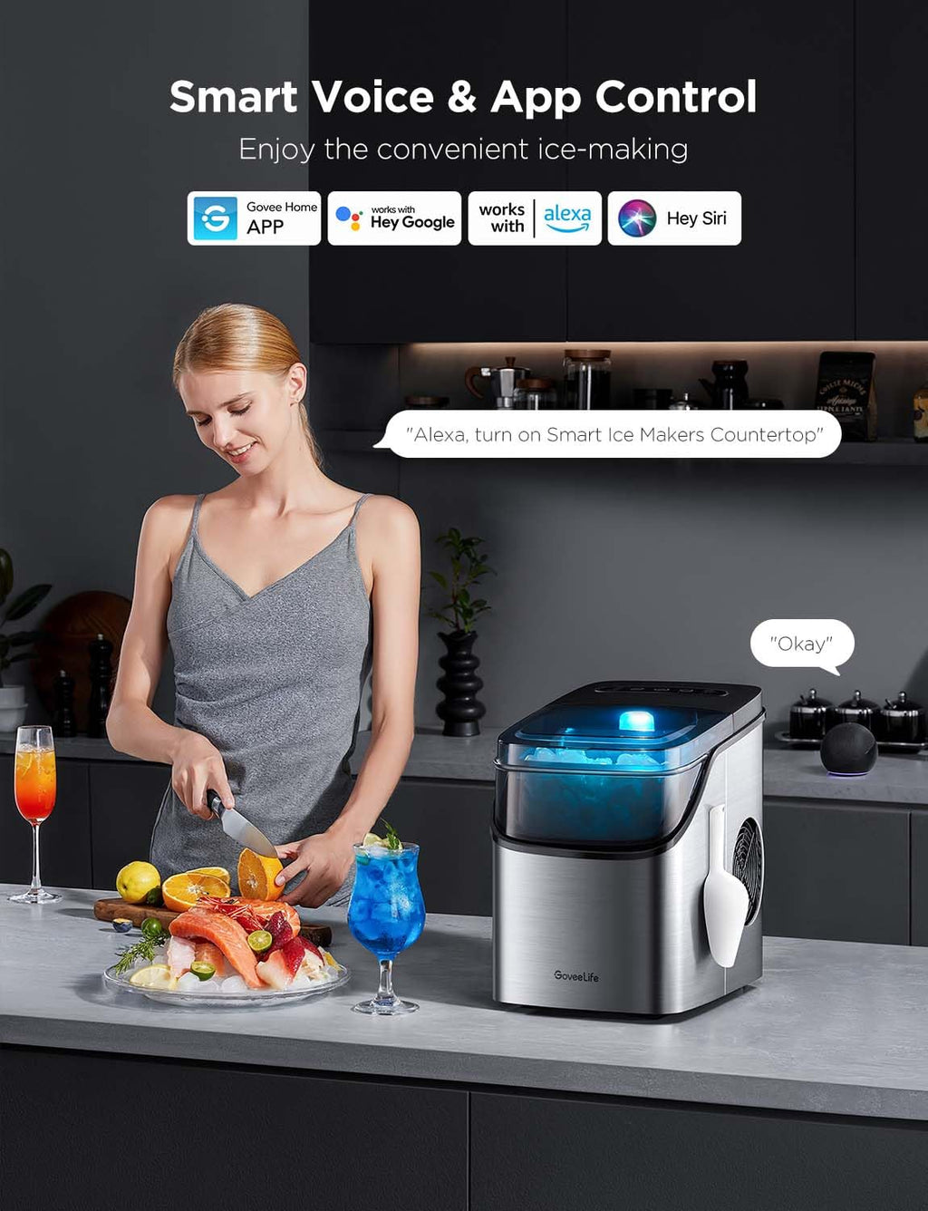 GoveeLife Smart Ice Maker Countertop, Portable Ice Machine with Voice Control, 9 Ice Cubes in 6 Minutes 3 Sizes, 26lbs/24Hrs, Self Cleaning RGB Lights, Quiet Ice Maker with Scoop for Kitchen Black wourant