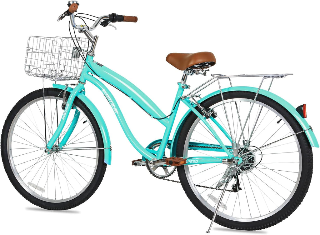 WEIZE Beach Cruiser Bike, 26 inch Commuter Bicycle for Adult Men and Women, 7-Speed/High-Carbon Steel/Front & Rear Fenders, Comfortable City Bikes with Rear Rack or Basket, Ergonomic Upright Design wourant