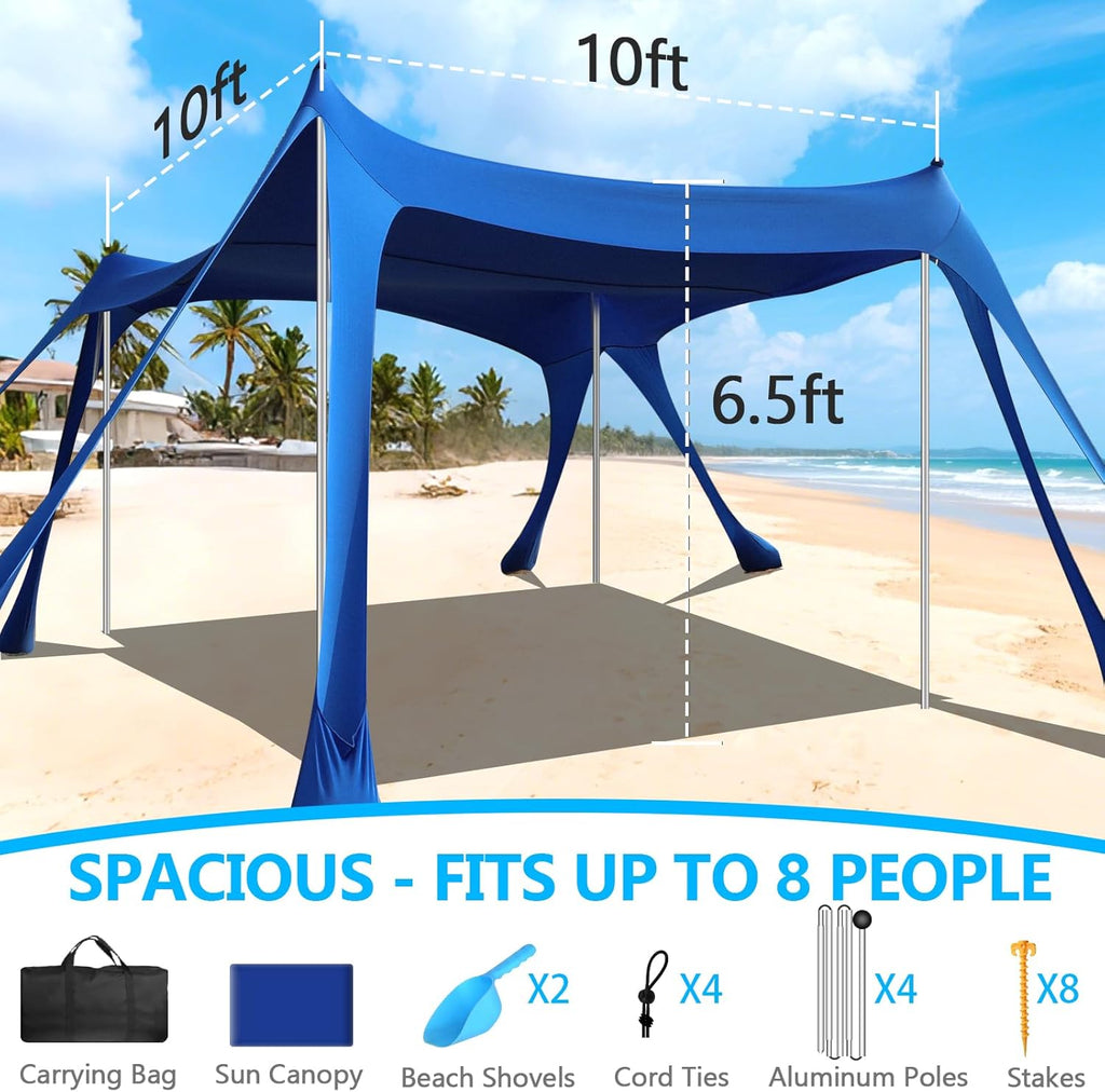 Beach Tent Sun Shelter, 10 x 10 FT Beach Canopy Tent Sun Shade Heavy Duty, UPF50+ Beach Tent Canopy with 8 Sandbags & 4 Stability Poles, Outdoor Beach Shade Canopy for Camping and Fishing, Blue wourant