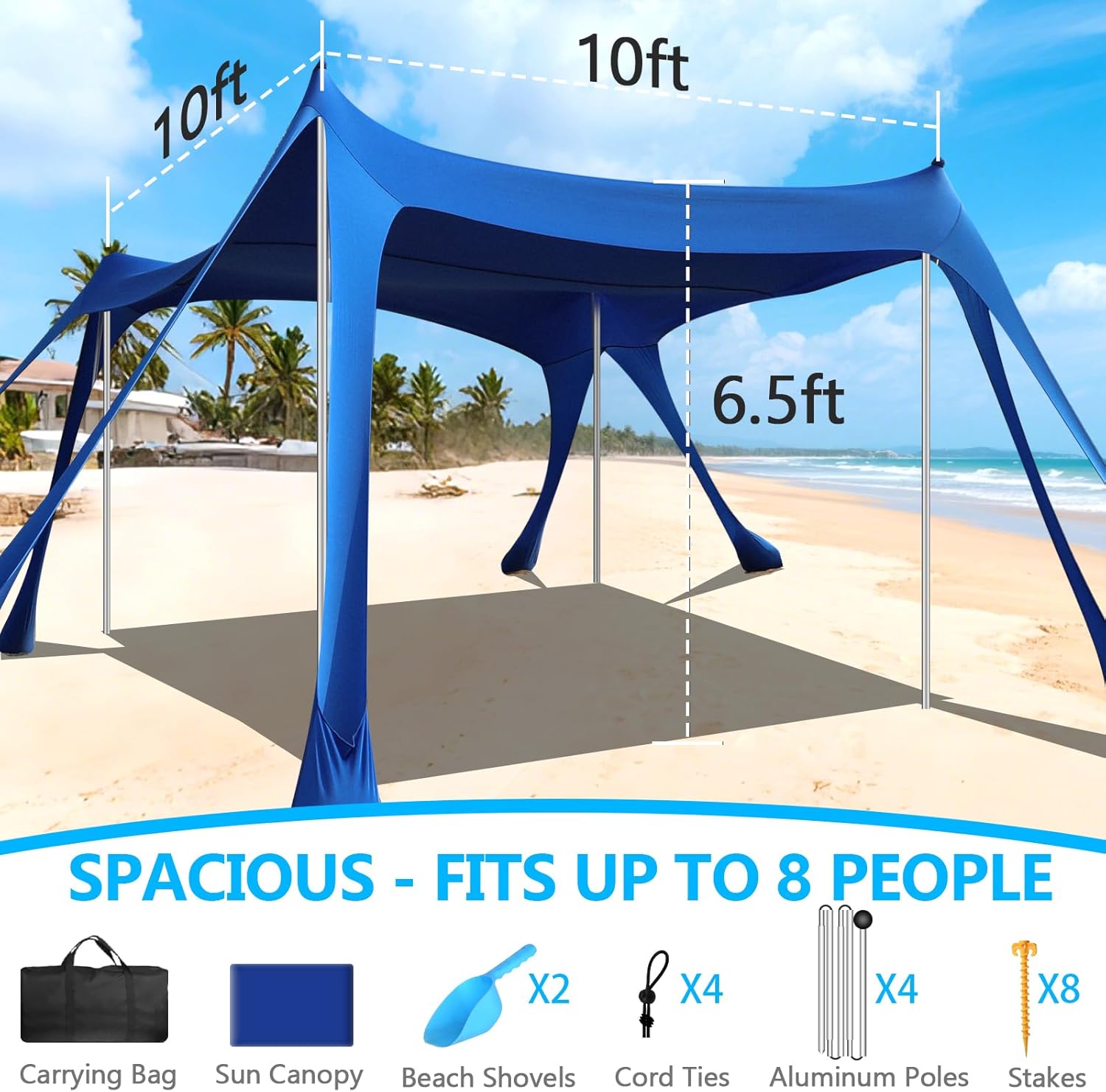Beach Tent Sun Shelter, 10 x 10 FT Beach Canopy Tent Sun Shade Heavy Duty, UPF50+ Beach Tent Canopy with 8 Sandbags & 4 Stability Poles, Outdoor Beach Shade Canopy for Camping and Fishing, Blue wourant