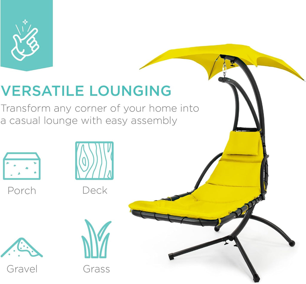 Best Choice Products Outdoor Hanging Curved Steel Chaise Lounge Chair Swing w/Built-in Pillow and Removable Canopy - Charcoal Gray wourant