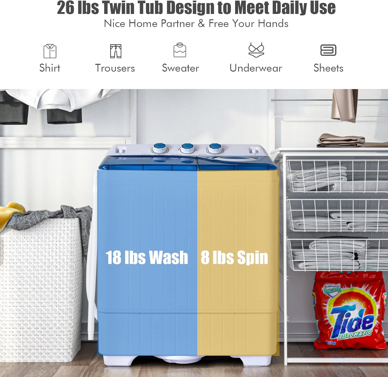 COSTWAY Double Tub 26 lb Capacity Laundry 18 lb 8 lb Spin Combo with Timer Knob Built-in Drain Pump Small Portable Washing Machine wourant