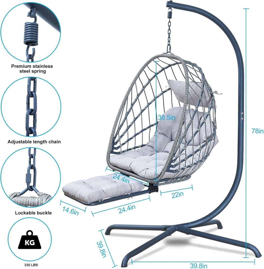 Hanging Egg Chair Stand Leg Rest Rattan Wicker Swing Hammock Chair UV-Resistant Cushion wourant
