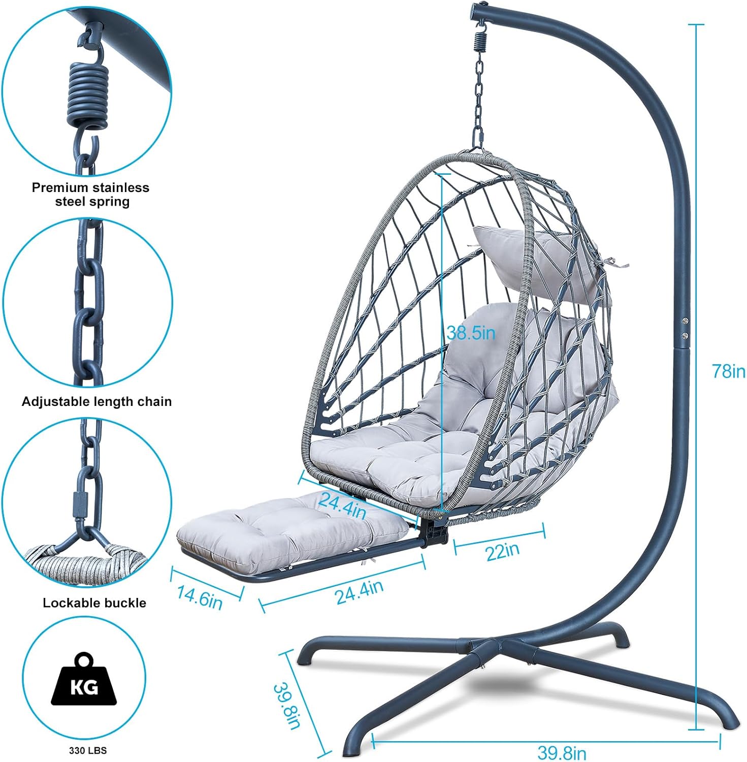 Hanging Egg Chair Stand Leg Rest Rattan Wicker Swing Hammock Chair UV-Resistant Cushion wourant