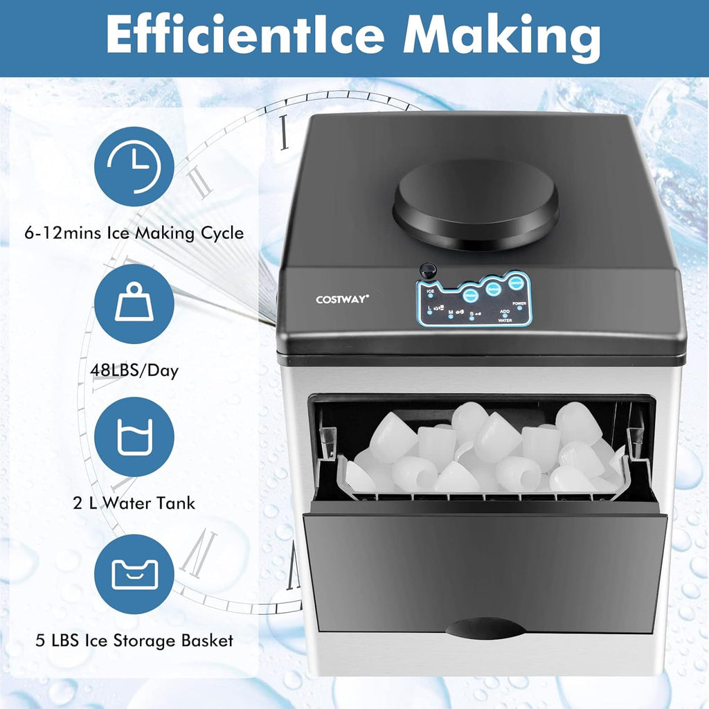COSTWAY Countertop Ice Maker with Water Dispenser, 3 Sizes Bullet Shaped Ice, 48lbs/Day, Fast Ready in 6 Minutes, Ice Machine with Cold Water for Home Bar Kitchen Office wourant
