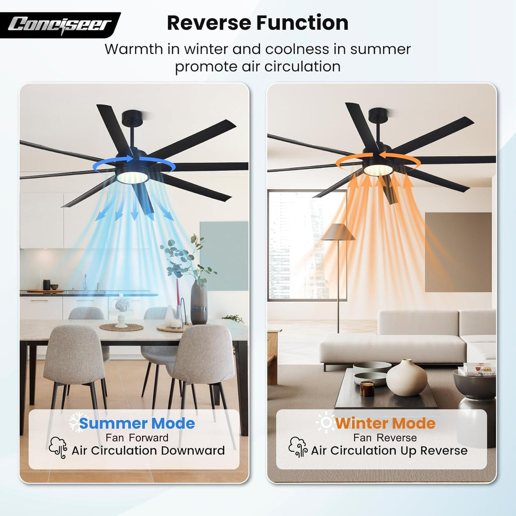 Modern Ceiling Fans with Lights, 72 Inch Ceiling Fan with Light and Remote, Bedroom Living Room Library Cafe Outdoor/Industrial,24W 3CCT Dimmable, 8 Blades 6 Speed Reversible Quiet DC Motor, Black wourant