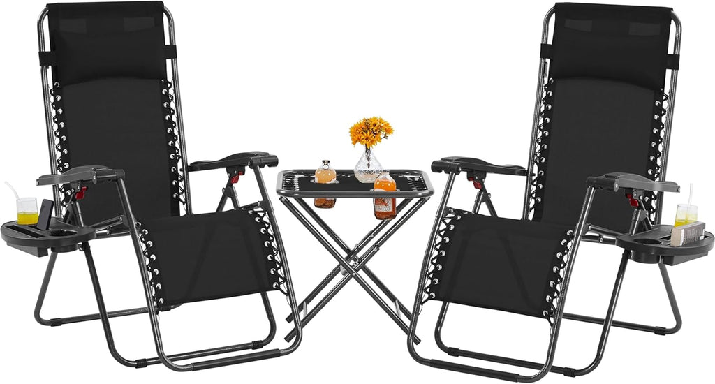 3PCS Zero Gravity Recliner Portable Outdoor Reclining Chair Set w/Side Table Folding Chaise Lounge Chairs wourant