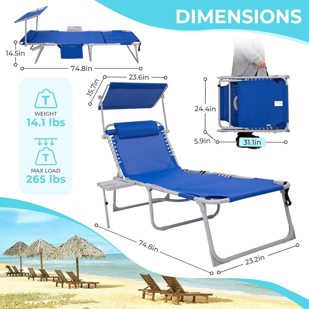 2 Pack Outdoor Chaise Lounge Chair - Portable Folding Patio Pool Lounge Chair, 5 Positions Adjustable Reclining Camping Chair with Side Table,Shoulder Strap, Pillow for Beach Sunbathing Lawn wourant