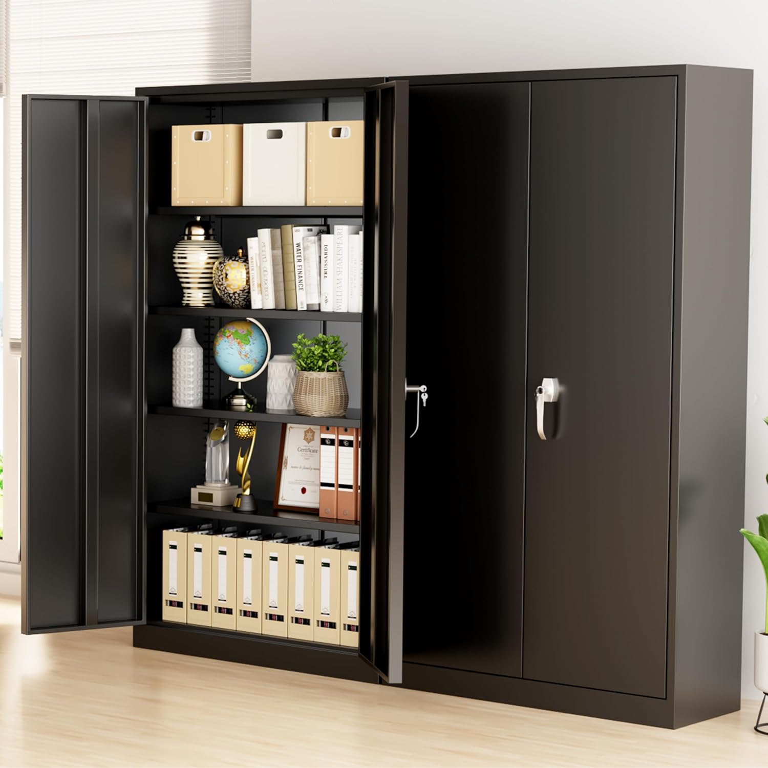 Greenvelly Metal Storage Cabinet, 72" Black Locking Metal Cabinet with 2 Doors and 4 Adjustable Shelves, Lockable Garage Storage Cabinets for Home Office, Garage, Kitchen, Living Room wourant
