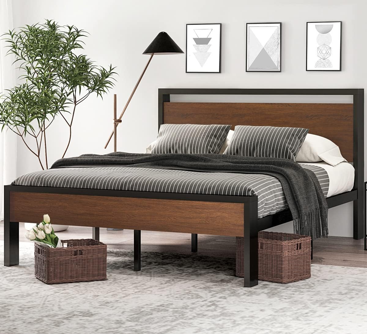 SHA CERLIN 14 Inch Queen Size Metal Platform Bed Frame with Wooden Headboard and Footboard wourant