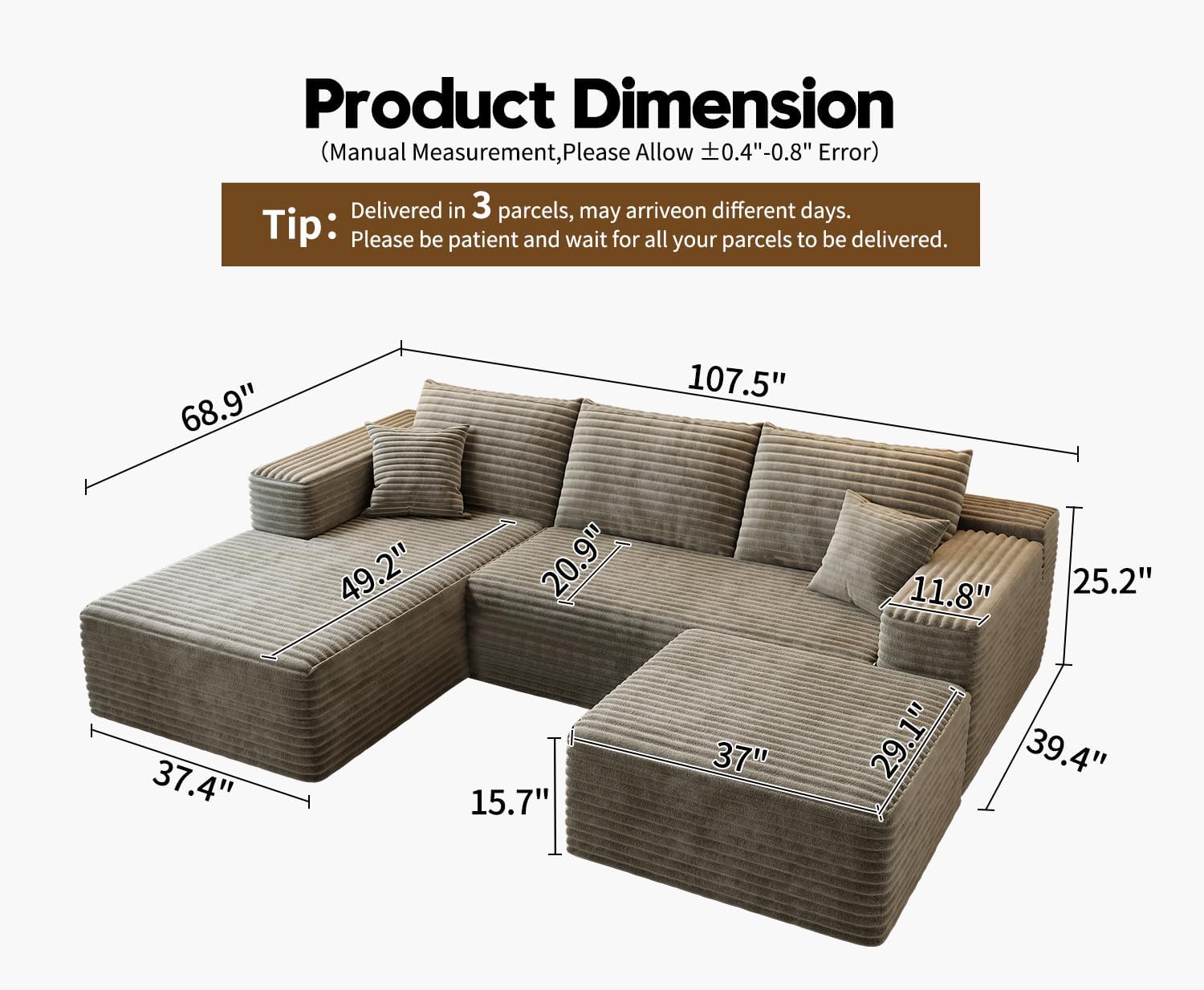 107.5 inch Cloud Modular Sectional Sofa with L-Shaped Chaise Lounge, Modern Minimalist Upholstered Sofa Deep Seating Corner Sofa wourant